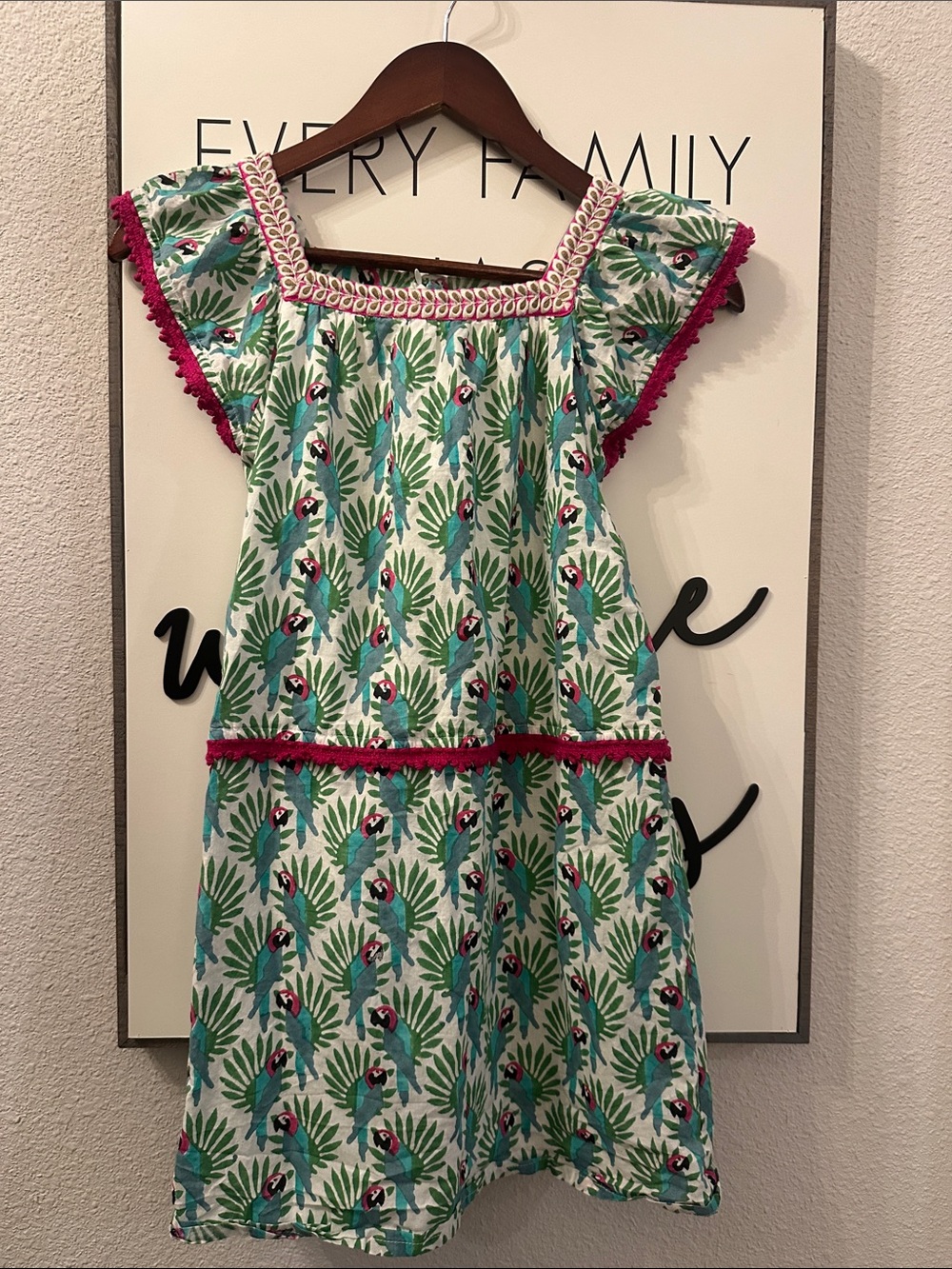 Roberta Roller Rabbit Girls Green Blue Parrot Print Dress with Pink Trim